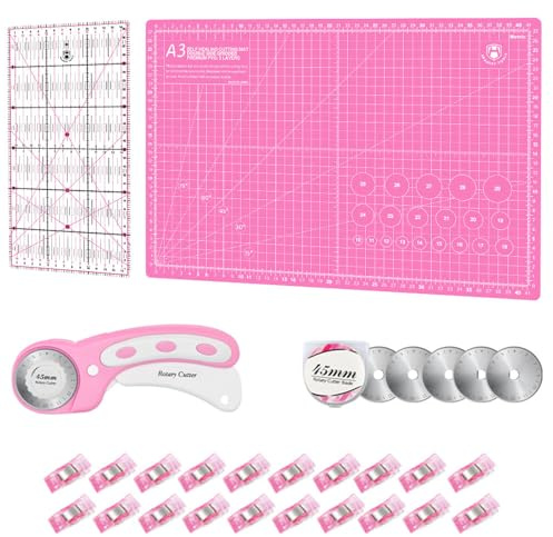 Rotary Cutter Set - Quilting Kit incl. 45mm Fabric Cutter, 5 Extra Rotary Blades, A3 Self Healing Cutting Mat, Acrylic Ruler and Sewing Clips, Ideal for Sewing, Patchworking, Pink