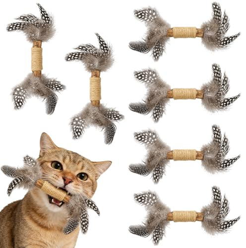 MOTIBACK 6 Pack Matatabi Stick Katze, Katzenspielzeug Zweig mit Sisal und Federn – Handgefertigtes Natur Zweig Spielzeug mit Spotted Federn für Indoor & Outdoor Katzen (kurz)