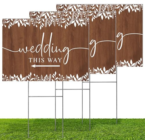 Lot de 3 panneaux de mariage de 30,5 x 30,5 cm - Imprimé double face avec piquets pour cérémonie, réception, pelouse, jardin, flèche directionnelle - Accessoire de mariage élégant en plastique