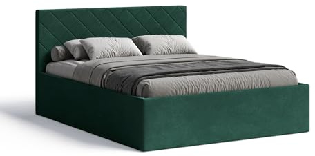 Meblofun Polsterbett Matelasse mit Kopfteil, 180x200 cm, Doppelbett mit Bettkasten und Lattenrost aus Holz, Velourstoff, Farbe: Grün