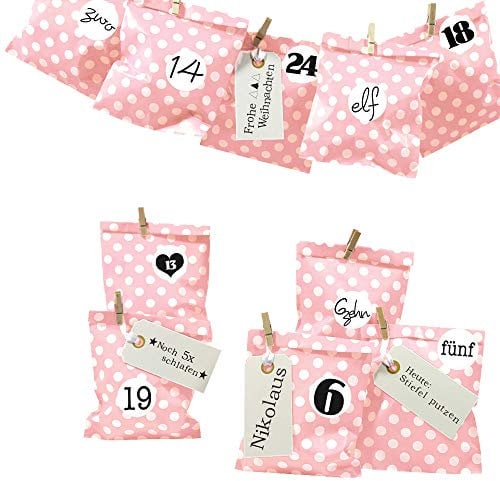 Frau WUNDERVoll® DIY Adventskalender zum Befüllen Bescherung: Set Punkt 143, Papiertueten flach 13x16,5cm, rosa Punkt, Ziffern schwarz-weiß
