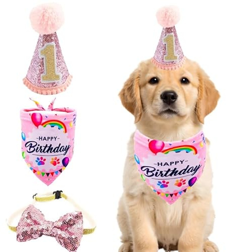 BIPY Pink Dog 1st Birthday Hat、Bandana and Bowtie for Girls Small Medium Dogs Cats happy birthday hat Doggy Party Supplies Adjustable Pet Collar Bowtie Celebration Pet Birthday Neckerchief Set