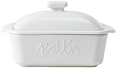 FE Butter Dish, 10 oz Caremic Butter Keeper with Water Line, Butter Boat, French Butter Dish with Lid for Countertop(White)