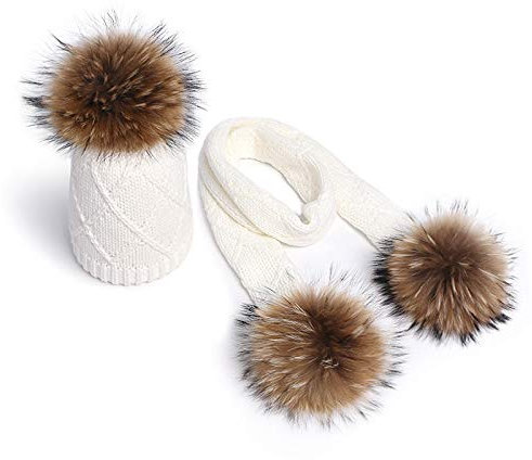 Mütze Beanie Hut Kappe Cap Wintermütze Cap Schal Sets Natur Pom Pom Girl Boy Gestrickte Mützen Skullies Hüte Echter Pompon 56-62Cm Weiß-Sets