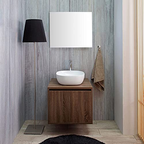 Kiamami Valentina - Mueble de baño suspendido de 60 cm con 2 Puertas Efecto Nogal, Lavabo de diseño, Espejo 60x70 | Siena