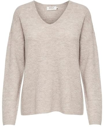 ONLY Damen Warmer Strickpullover | Knitted Basic Stretch Sweater | Langarm V-Ausschnitt Shirt ONLCAMILLA, Farben:Beige, Größe:L