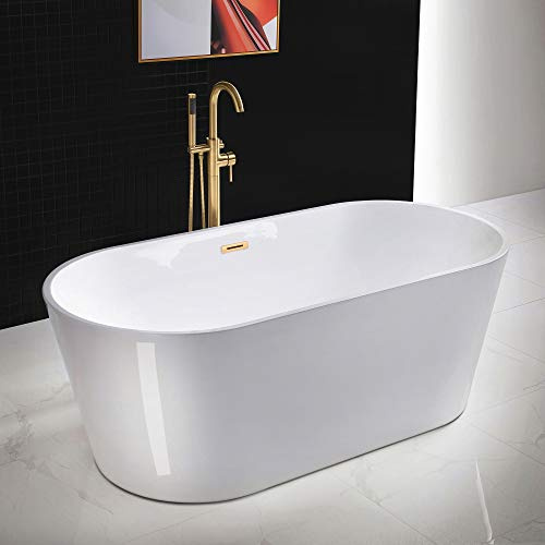 WOODBRIDGE 67 Acrylic Freestanding Bathtub Contemporary Soaking White Tub with Brushed Gold Overflow and Drain，B0013-BG