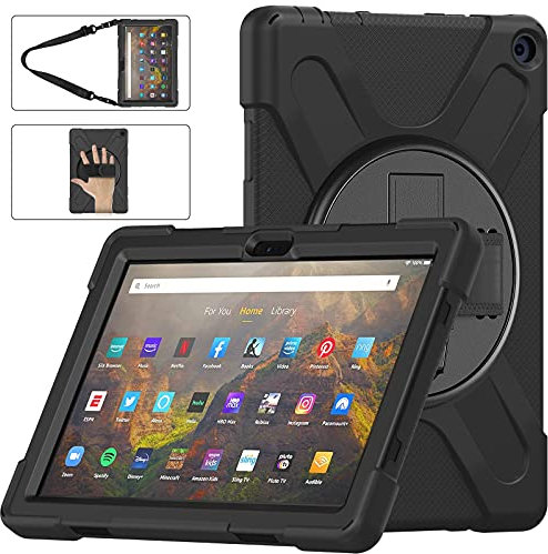 LEHEE Custodia per Nuovo Kindle Fire HD 10 & 10 Plus Tablet (11a Generazione, 2021 Versione), 360° Ruotabili Kids Protettiva Antiurto con Cavalletto/per Cinturino Case Cover, Nero