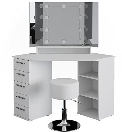 Vicco Frisiertisch für die Ecke Sofia, Weiß, 128 cm mit LED Beleuchtung und Hocker