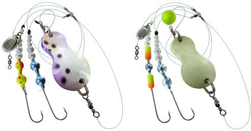 Jenzi - Set di 2 cucchiaini da spille da pesca piatti montati, 100 grammi, 100 grammi, colore: lilla/bianco/pois 100 grammi Light/Green/Glitter e adesivo Petri Heil!