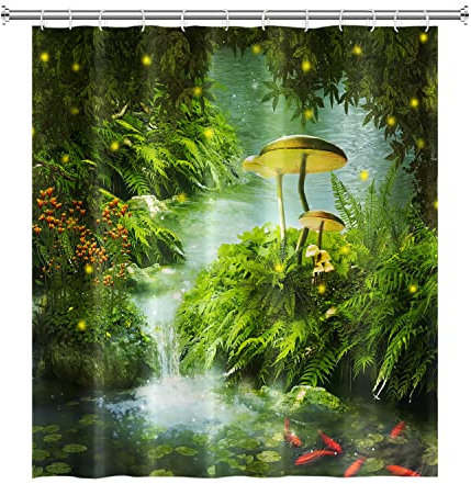 SDOTPMT 122x183cm Fee Wald Duschvorhang Magie Fantasie Pilz Grün Gras Baum Blätter Badevorhang Zen Fluss Badewanne Vorhang Stoff Polyester für Kind Badezimmer Badevorhang mit Haken