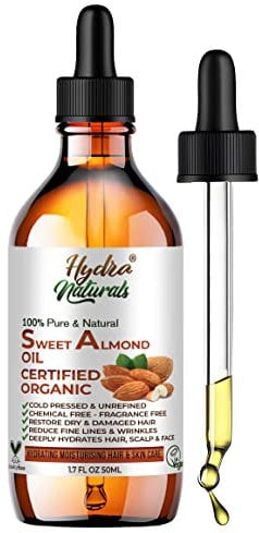 Hydra Naturals 100% Pure Sweet Almond Oil, Cold Pressed & Natural, for Hair, Skin, Face & Nails, Moisturising, Anti-Ageing, Fast Absorbing, 50ml Carrier Oil for Massage & Aromatherapy, UK Made
