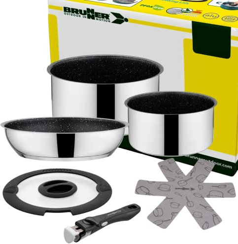 BRUNNER: Camping Topf-Set Edelstahl (Kochtöpfe, Bratpfanne & Griff) ø 20 cm - ACADEMY MINI 5+1 Teilig - Elektro-Herd, Gaskocher, Induktion & Keramikkochfeld - Für 1-2 Personen