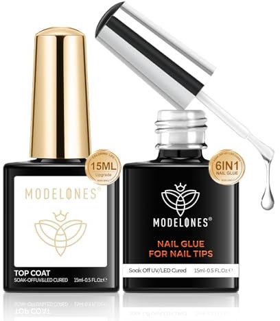 modelones Top Coat Semi Permanent et Colle Faux Ongles 6 en 1, 2x15Ml No Wipe Base et Top Coat Vernis Semi Permanent,Gel pose Americaine,Vernis à ongles Gel UV Manucure Kit