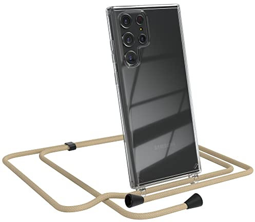 EAZY CASE Handykette kompatibel mit Samsung Galaxy S22 Ultra 5G Handyhülle mit Umhängeband, Handykordel mit Schutzhülle, Silikonhülle, Hülle, Stylische Kette für Smartphone, Taupe - Clips Schwarz