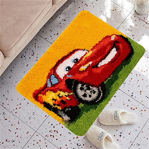VIONNPPT Cartoon Auto Muster Knüpfteppich Zum Selber Knüpfen Knüpfset, Latch Hook Kit Selbst Teppich Set, 3D Kreatives Geschenk Tapisserie Für Erwachsene Kinder (Car,60cmx40cm)