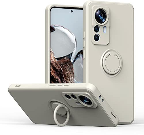 XINYEXIN Silicona Líquida Funda para Xiaomi 12T / Xiaomi 12T Pro (6.67), 360° Ring Stand Holder Funda Antigolpes Carcasa Silicona Case Cover con Cordón - White