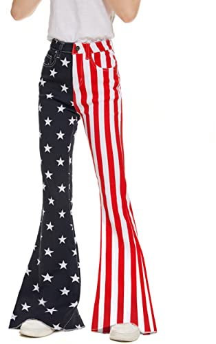 Odefou Bell Bottom Jeans für Damen, hohe Taille, Stretch, amerikanische Flagge, Schlagjeans, Denim, Bootcut-Hose, Rot/Ausflug, einfarbig (Getaway Solids), 40