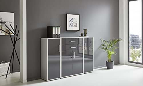 BMG Möbel Aktenschrank Office Edition Set 16, Büroschrank mit Metallgriffen Made in Germany (Lichtgrau/Anthrazit Hochglanz)