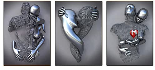 Couple Impression sur Toile Abstraite, Métal Sculpture Figure Peinture Love Heart Effet 3D Wall Art Décoration Murale Sans Cadre,D,50x70cm No Frame