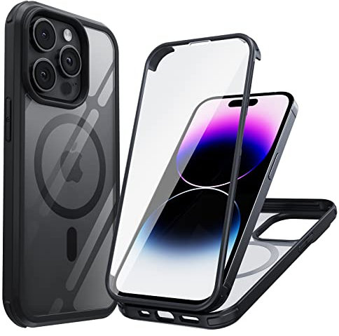 Holidi iPhone 14 Pro Hülle für Magsafe, 360 Grad Hülle 14 Pro, Schutzhülle Handyhülle mit Eingebautem 9H Panzerglas Displayschutz, Komplettschutz Glas Hardcase Vorne und Hinten Schutzhüllen. Schwarz