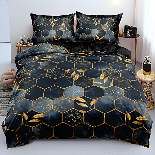 Marmor Bettwäsche Blau 135x200 Dunkelblau Schwarz Gold 3D Kariert Abstracte Motiv Wende Bettwäsche Set Aesthetic Microfaser Luxus Modern Gedruckt Bettbezug 135 x 200 Einzelbett mit Reißverschluss