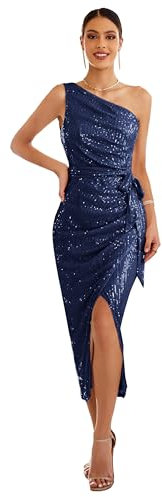 GRACE KARIN Damen Schulterfrei Bodycon Bleistiftkleid Glitzer Pailletten Partykleid Ballkleid für Hochzeit Dunkelblau XL