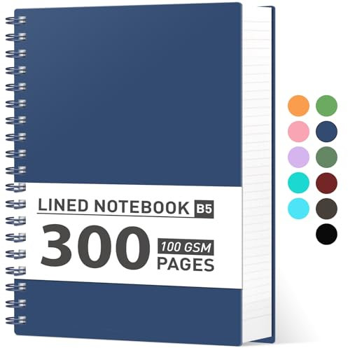 AHGXG Spiral Notebook College Ruled - Spiral Notebook Journal Large B5 7.6 x 10, 300 Pages/150 Sheets, 100GSM Thick Paper, Plastic Hardcover, for Women Men Office School, Bule
