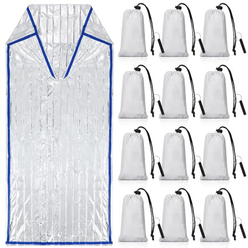 12er-Set Notfall-Schlafsack, Überlebens-Bivvaksack, Decke mit Pfeifen, leicht, tragbar, thermisch, Überlebensbeutel, dickes Zelt mit Kapuze, Verlängerung, Nylon, Stuff Sack für Camping (Silber, 200 x