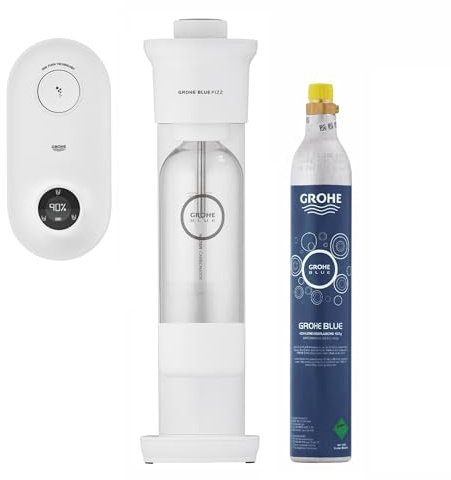 GROHE Blue Fizz Advanced - Wassersprudler Set (mit CO2-Füllstandsanzeige, 3 einstellbare CO2 Stufen, 1x CO2 Flasche, 1x 0,85l Wasserflasche + Reinigungspulver), weiß, 31945L00