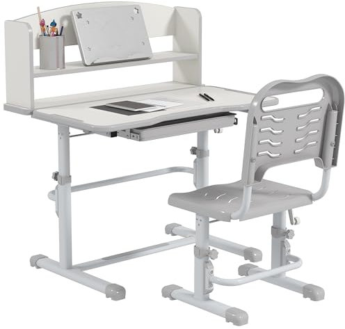 ZONEKIZ Bureau Enfant Avec Chaise en Acier - Hauteur Réglable, Étagère, Tablette Coulissante Multi-Rangement, Inclinable 45° - Gris Blanc