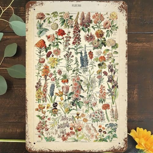 Vintage Metal Tin Sign 8x12, Floral Botanical Collections Wall Art Decor, Garden Flowers Plants Identification Reference Chart Diagram Poster for Home Living Room Bedroom Garden Garage Cafe Bar Pub