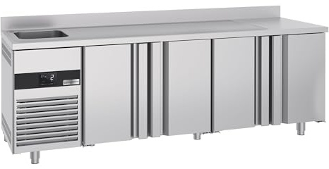 GGM Gastro | KTF540BAL-EF | Kühltisch PREMIUM - 2360x700mm - mit 4 Türen, 1 Becken links & Aufkantung