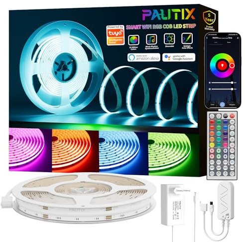 PAUTIX COB LED Streifen RGB 10M,Dimmbares 24V RGB LED Strip Light Selbstklebend,WIFI Funktioniert mit Alexa/Google Assistant/Tuya Farbe Wechselndes LED Band für Spielzimmer,Party DIY Dekoration