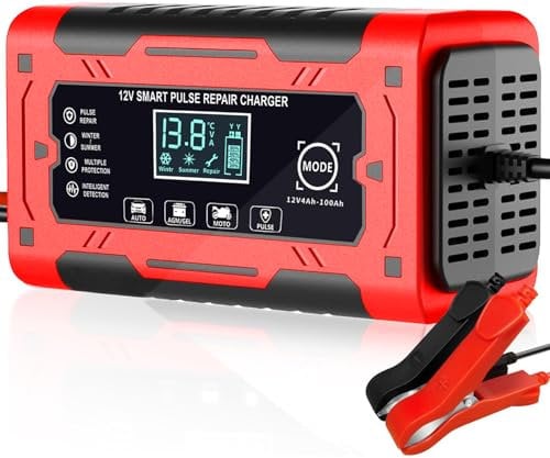 Car Battery Charger, 12V 6Amp Smart Fully Automatic Battery Charger with Temperature Compensation for Car Truck Motorcycle Lawn Mower Marine Lead Acid Batteries, Red