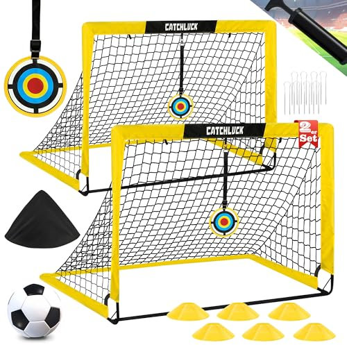 CATCHLUCK Fußballtor Garten Fußballtor Kinder Tor 2er Set Fussballtore für Garten Pop Up Fussball Tor mit Fussball, 6 Fußballkegel, 8 U-förmige Bodennägel und Tragetasche, Gelb