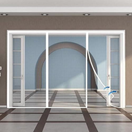 Fiberglass Magnetic Screen Door 290x240cm Large Magnet Patio Door Mesh Curtain for Door Full Frame Hook and Loop Tape Outdoor Patio White