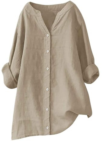 Hauts élégants grande taille pour femmes, chemisier et chemises en coton et lin de couleur unie décontracté à manches longues et col en V pour femme 2024, 5XL
