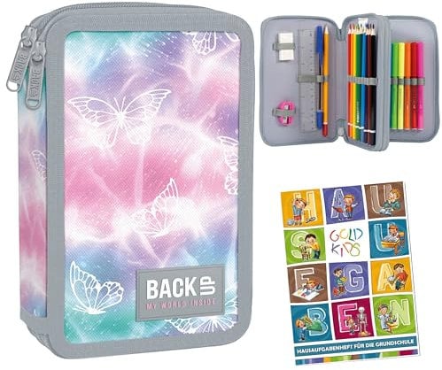 Goldkids - Federmäppchen 2 Fächer - Mäppchen für Mädchen - Federmappe 2-Fach Federtasche Gefüllte Schüleretui 32-teilig - Schulmäppchen und Hausaufgabenheft