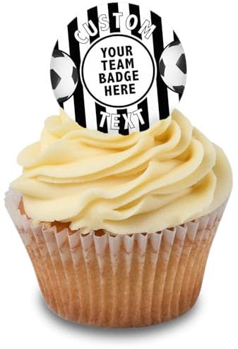 Cakeshop Cupcake Personalised Edible Cake Toppers With Black & White Stripe Football Border | Personalise With Your Custom Image & Name | For Birthdays & Celebrations | Icing & Wafer Paper Options