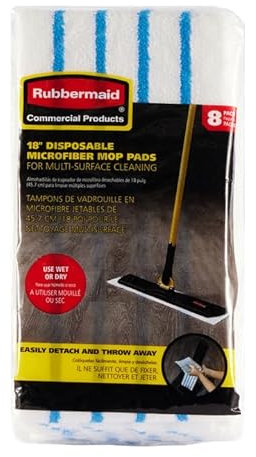 Rubbermaid Commercial Products HYGEN Disposable Microfiber Pad for Quick Connect Mop System, 8 Count, for 18 Frame, with Scrubbing/Scouring Stripes, Multisurface, for Dry and Wet Cleaning, 2182496
