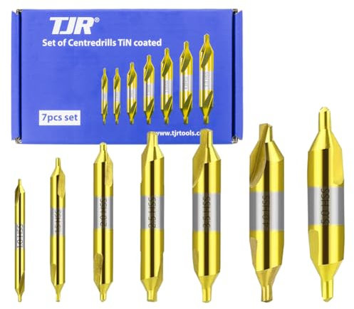 TJR© Juego de 7 brocas de centrado revestidas de TiN – 1 mm, 1,5 mm, 2 mm, 2,5 mm, 3 mm, 4 mm, 5 mm – Acero de alta velocidad (HSS) Juego de herramientas de precisión