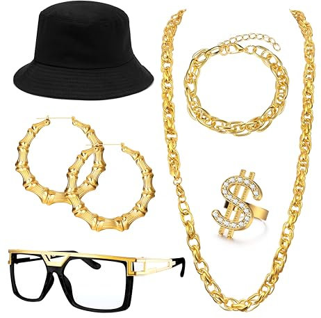 Roheafer Hip Hop Kostüm Kit, 80s 90s Hip Hop Accessories für Damen Herren, Old school Rapper Schmuck, Fake Gold Kette Hip Hop Accessoires Outfit DJ Punk Hippie Ohrringe Rapper Modeschmuck(B)