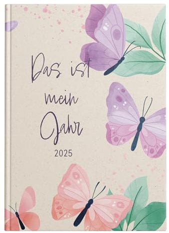 Idena 11143 - Taschenkalender DIN A7 2025 Mein Jahr, 1 Woche auf 2 Seiten, Terminplaner mit Softcover-Einband, Schmetterlingsmotiv und Leseband