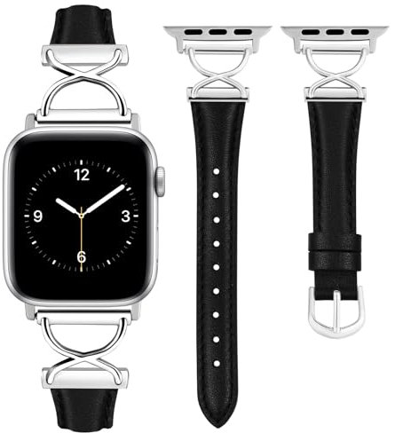 Wearlizer Leather Strap Compatible with Apple Watch Straps 41/40/ 38/49/46/45/44/42mm Women, Slim Thin Dressy Design Leather Strap for iWatch Ultra SE Series 10 9 8 7 6 5 4 3 2 1 Black/Silver Buckle
