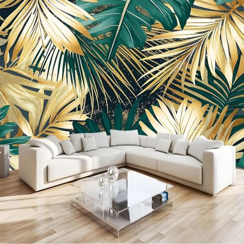Générique Papier Peint Feuilles De Palmier Vertes Et Dorées De Luxe Plantes tropicales 250 x 175 cm Papier Peint intissé pour Chambre Salon Photo Murale Personnalisé Décoration Murale