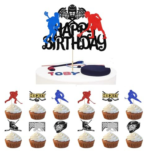 Houhounb Eishockey-Themen Party Deko Set Eishockey Kuchendeckel 1 großes Happy Birthday Cake Topper und 24Pcs Kuchen Topper Cupcake Picks für Eishockey Themed Geburtstag Party Dekorationen