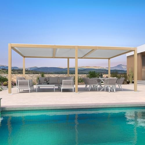 PURPLE LEAF Pergola Bioclimatica in Effetto Legno Alluminio 3,5 x 6,35 m, Gazebo da Giardino Impermeabile con Lamelle Orientabili, Pergola per Terrazza, Giardino e Autorimessa, Legno