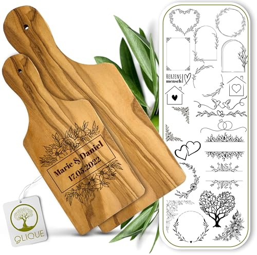 Set di 2 taglieri con manico personalizzato, in legno d'ulivo rustico, con incisione come regalo di nozze personalizzato