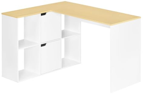 eSituro Escritorio de Oficina, Escritorio en Forma L, 120x100x75 cm, Mesa de Estudio con 6 Compartimentos, Mesa PC Ordenador para Oficina Dormitorio, Roble Claro + Blanco